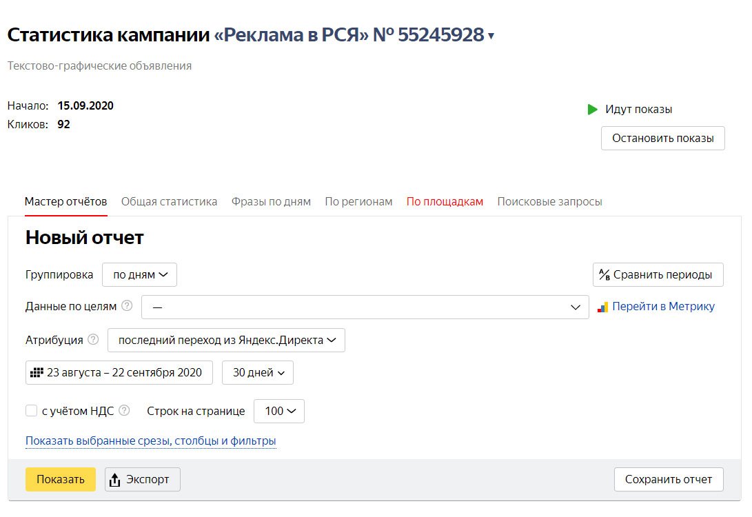 Яндекс.Директ - статистика по площадкам
